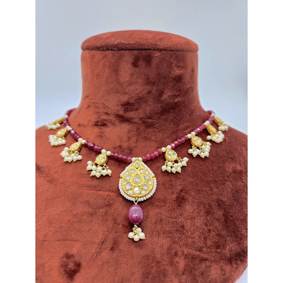 22k Gold Ruby Diamond Necklace set - Picture 2 of 7